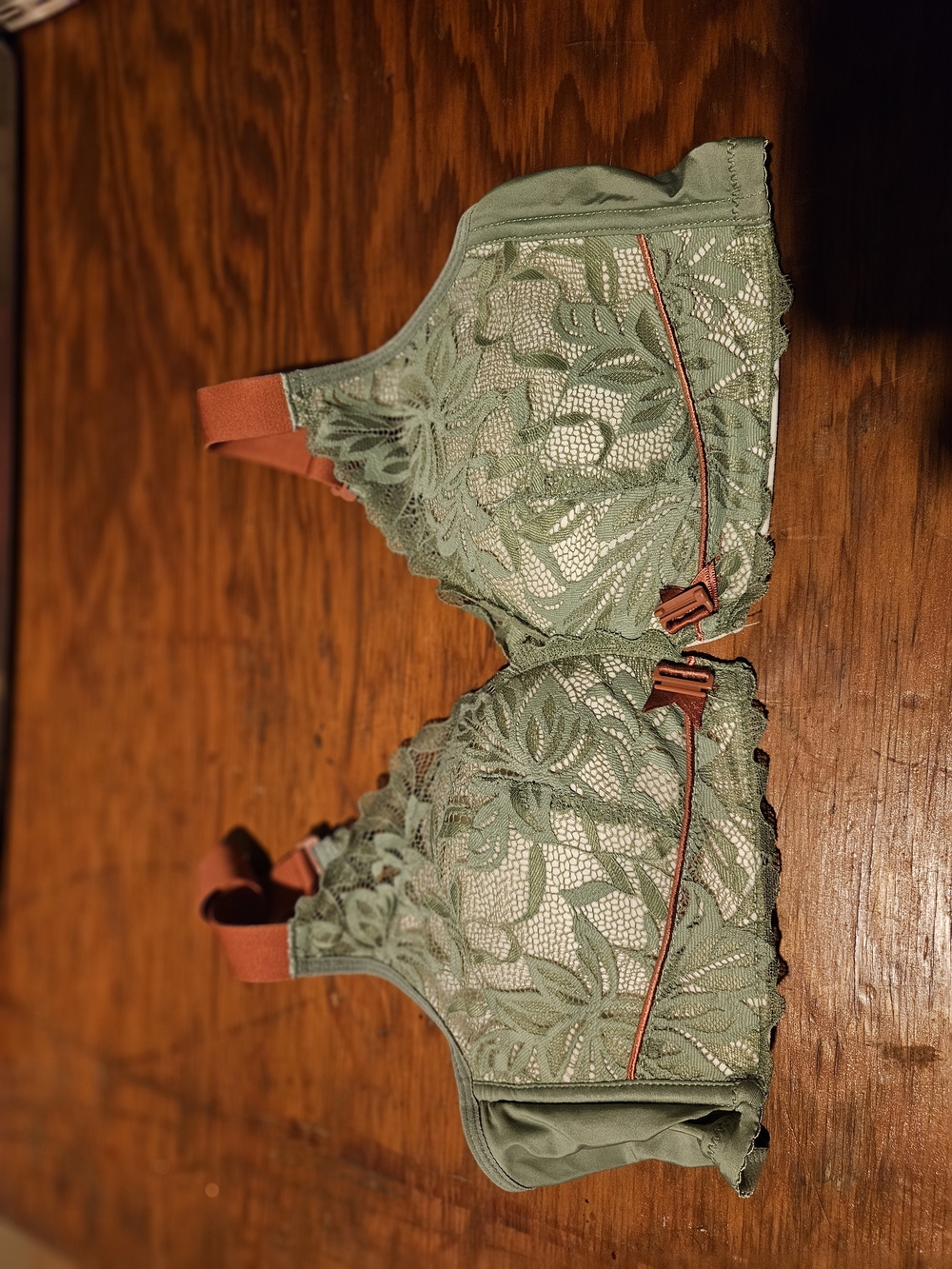 SHEIN Olive Green Lace Bra with Rust Trim